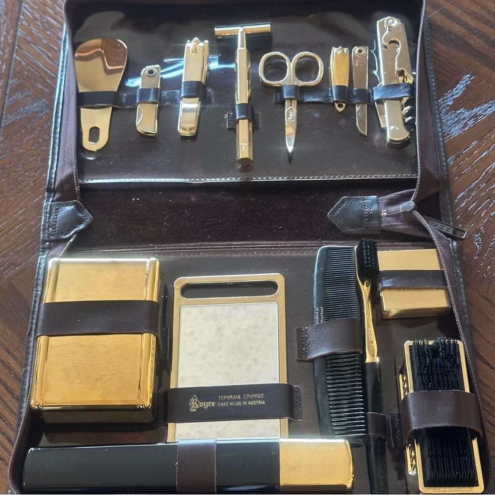 Vintage 1970s Royce Leather Men’s Grooming Kit - Made in Austria Gold Tone Tools